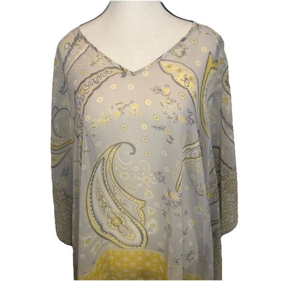 Susan Graver Women’s Poncho Blouse Yellow Gray Paisley Floral Sheer Boho Sz S - Picture 2 of 10